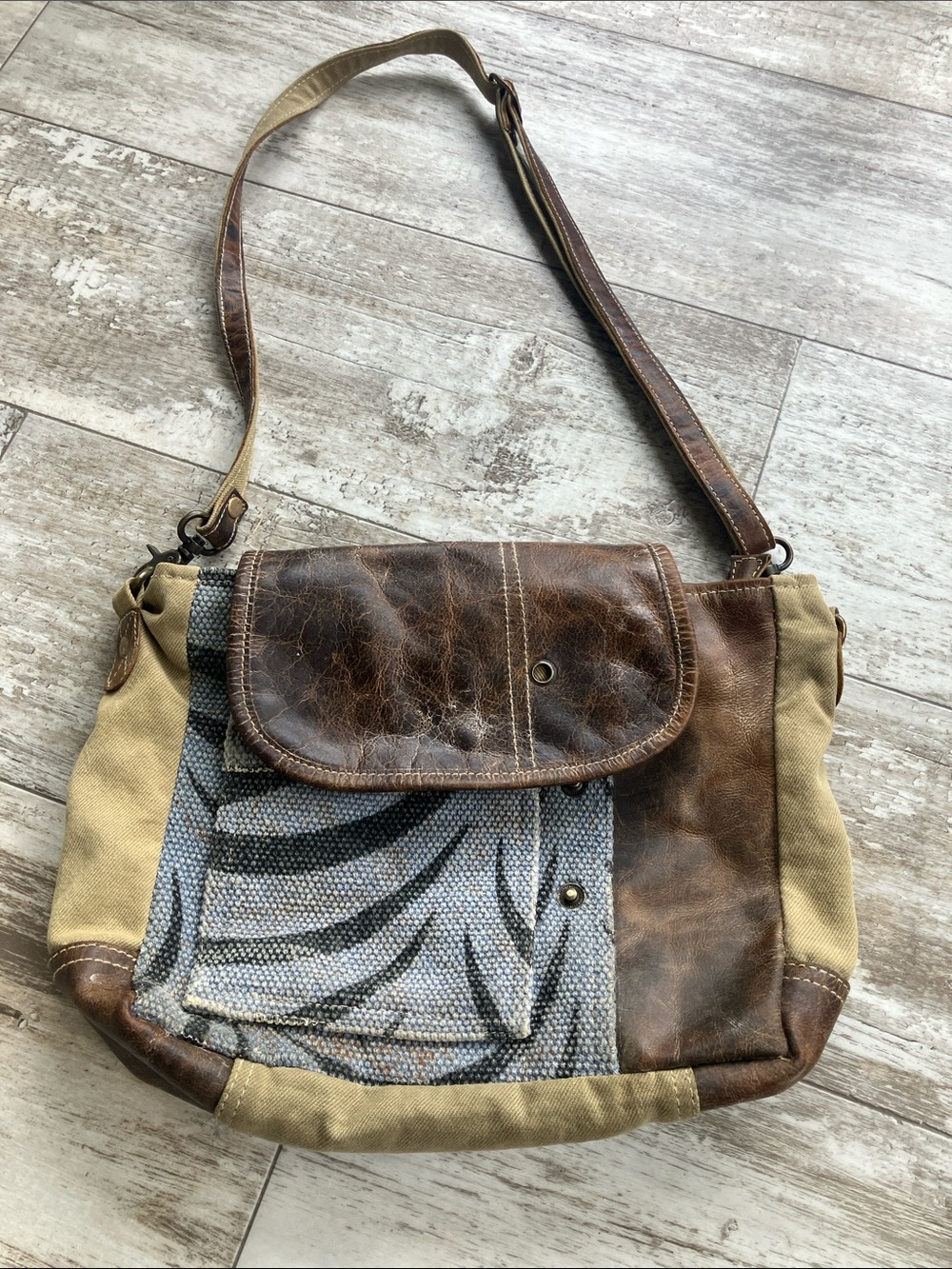 Myra Bag Brown Leather, Tan Canvas & Blue Woven Crossbody
